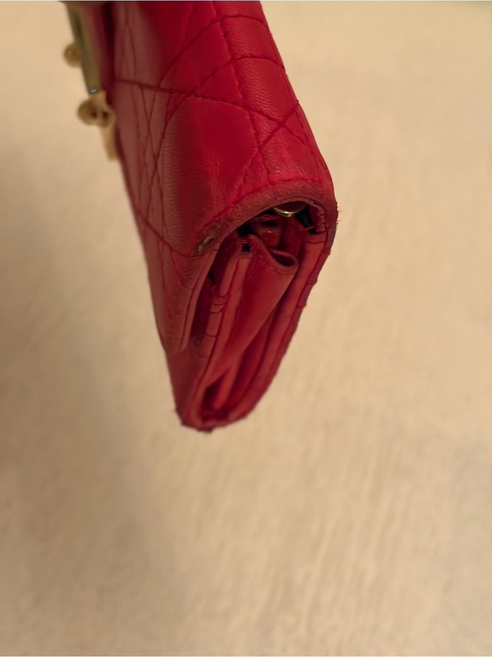 EUC Christian Dior Cannage quilted lambskin wallet in red, featuring push-lock - Picture 3 of 12